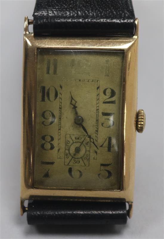 An Art Deco gentlemans 9ct gold wristwatch with silvered Arabic dial